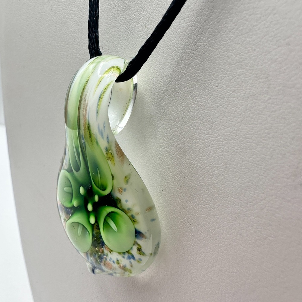 Vintage 90s Lampwork Art Glass Floral Pendant Necklace Green Calla Lily Jewelry - Picture 8 of 13